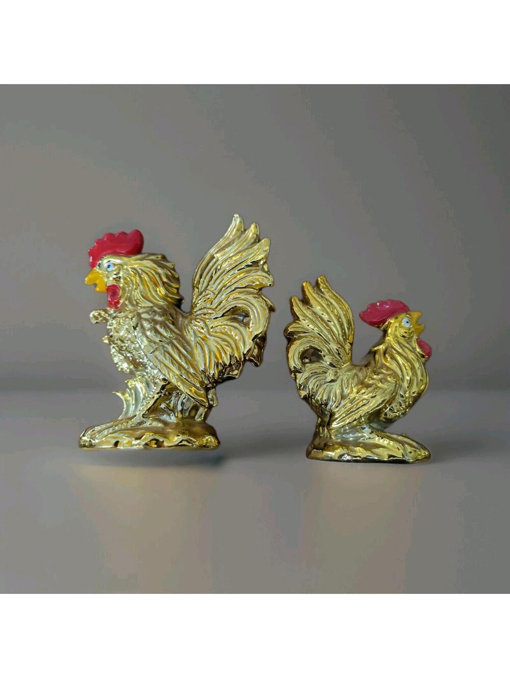 Roosters Gold Ceramic Set of Two Figurines Shiny Vintage Country Farmhouse